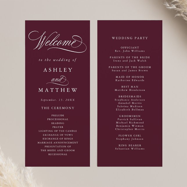 Burgundy Romantic Calligraphy Bröllop Ceremony Program (Front & Back)