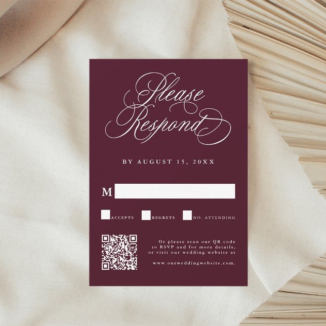 Burgundy Romantic Calligraphy Bröllop QR Code OSA Kort (Skapare uppladdad)