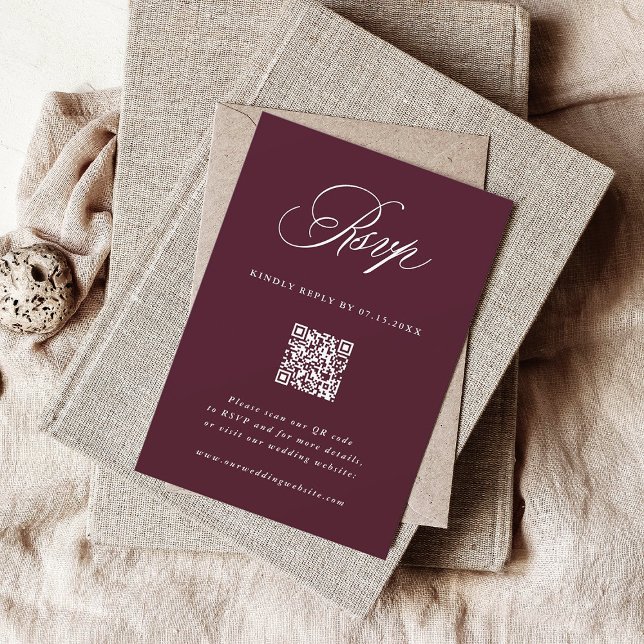 Burgundy Romantic Calligraphy Bröllop QR Code OSA Kort (Skapare uppladdad)