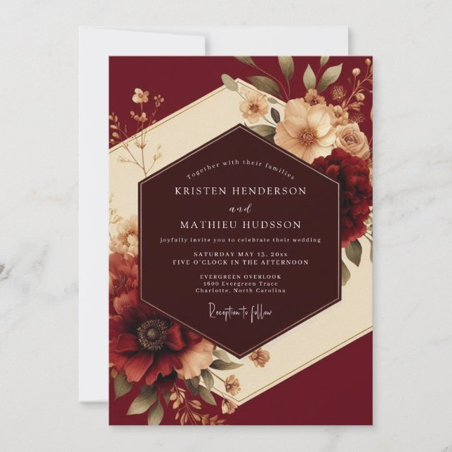 Burgundy Romantic Flora Wedding Inbjudningar (Framsida)