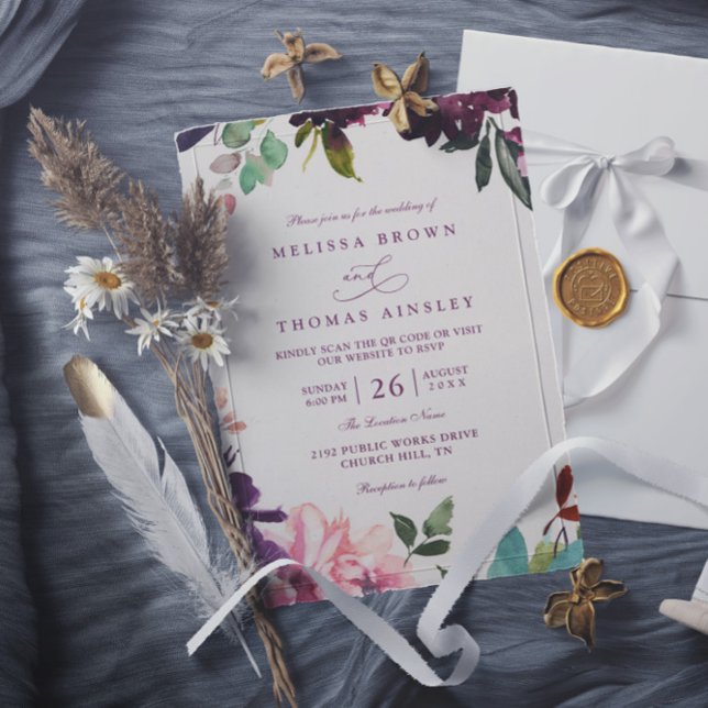 Burgundy Romantic Florals Elegant QR Code Wedding Inbjudningar (Skapare uppladdad)