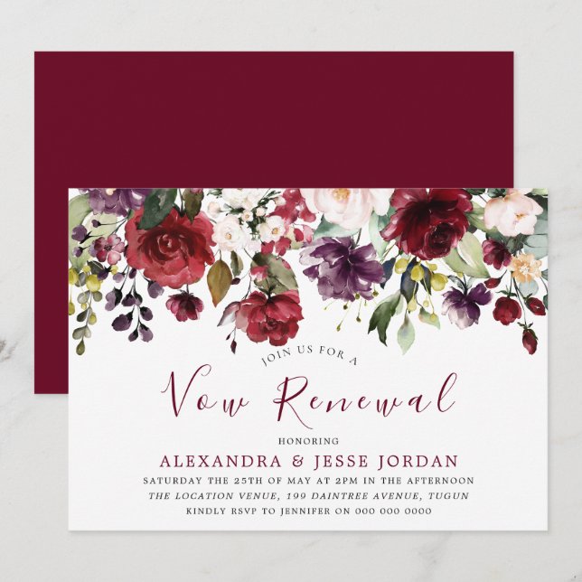 Burgundy Romantic Flowers Vow Renewal-årsdag Inbjudningar (Fram/baksida)
