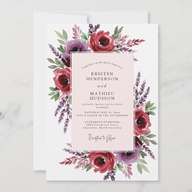 Burgundy Romantic Meadow Wedding Inbjudningar (Framsida)