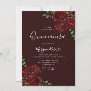 Burgundy Romantic Röd ros Quinceanera Party Inbjudningar