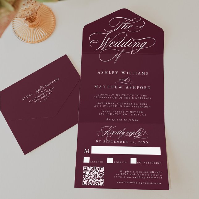 Burgundy Romantic Swirly Calligraphy Bröllop (Skapare uppladdad)