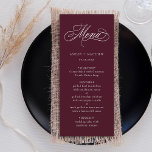 Burgundy Romantic Swirly Calligraphy Bröllop Meny<br><div class="desc">Den här burgunga och vita bröllop-menyn med elegant och romantisk,  rostiskt,  snabbt kalligrafibrev med namn. Om du vill ha en mer avancerad anpassning av den här designen klickar du på BLUE DESIGN VERKTYG ovan!</div>