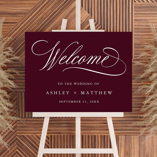 Burgundy Romantic Swirly Calligraphy Bröllop Poster (Skapare uppladdad)