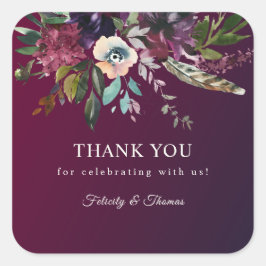 Burgundy Romantik Watercolor Blommigt Tack Fyrkantigt Klistermärke