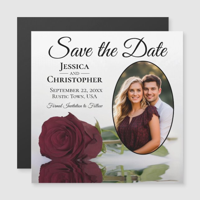 Burgundy Ros Bröllop Save The Date Foto Magnet (Fram/baksida)