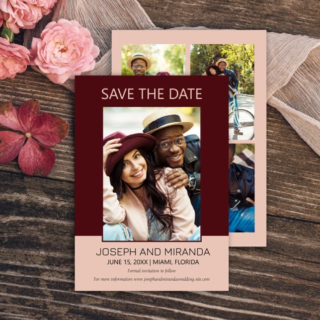 Burgundy Rosa 4 Foto Bröllop Save Date Save Date Spara Datumet (Burgundy and pink 4-photo (front and back) wedding Save the Date flat card)