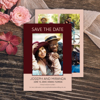 Burgundy Rosa 4 Foto Bröllop Save Date Spara Datumet