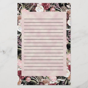 Burgundy Rosa Akvarell Blommig Svart Kant Brevpapper
