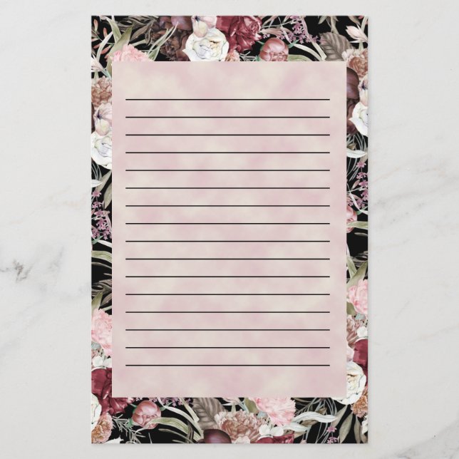 Burgundy Rosa Akvarell Blommig Svart Kant Brevpapper (Framsida)