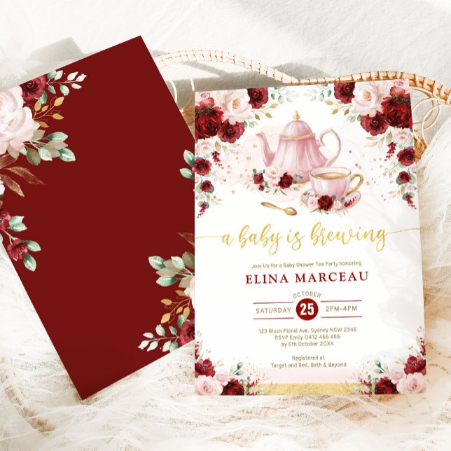 Burgundy Rosa Baby brinner i Shower Tea Party Inbjudningar (Skapare uppladdad)