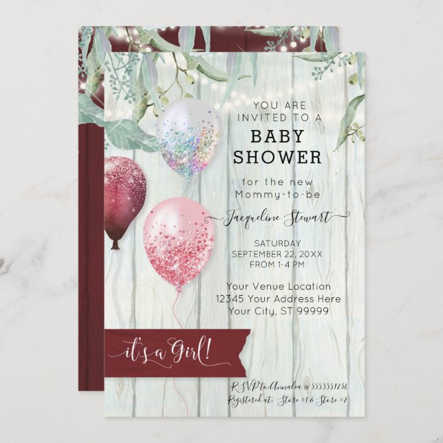 Burgundy Rosa Balloon Rustic Wood Girl Baby Shower Inbjudningar (Fram/baksida)
