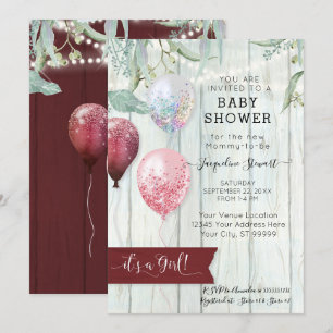 Burgundy Rosa Balloon Rustic Wood Girl Baby Shower Inbjudningar
