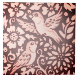 Burgundy Rosa Bird Blommigt Foliage Woodland Decor Kakelplatta