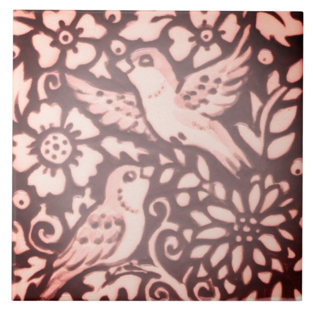 Burgundy Rosa Bird Blommigt Foliage Woodland Decor Kakelplatta (Framsidan)