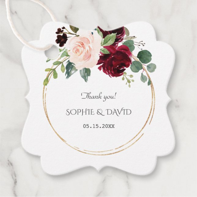 Burgundy Rosa Blåa blommor Guld Bröllop Gåvor Etiketter (Framsida)