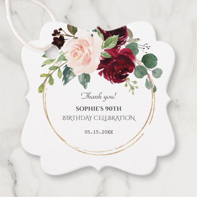 Burgundy Rosa Blåa blommor Guld Födelsedagsfest Gåvor Etiketter (Framsida)