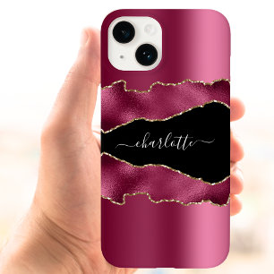 Burgundy rosa black agate marble namn-skript