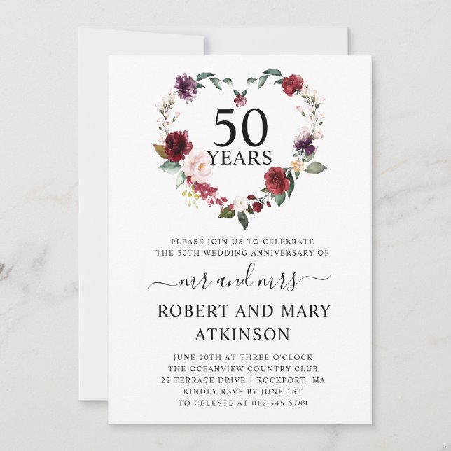 Burgundy Rosa Blommig 50-årsjubileum Inbjudan (Framsida)