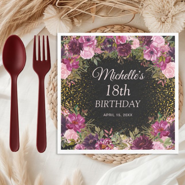 Burgundy Rosa Blommig Glitter Svart 18-årsdag Pappersservett (Pink and burgundy watercolor floral on black custom birthday party paper napkins)