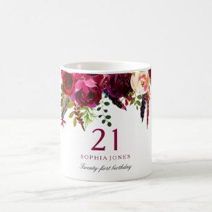 Burgundy Rosa Blommigt 21:a födelsedagsgåva Kaffemugg
