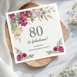 Burgundy Rosa Blommigt 80:e födelsedagen Pappersservett