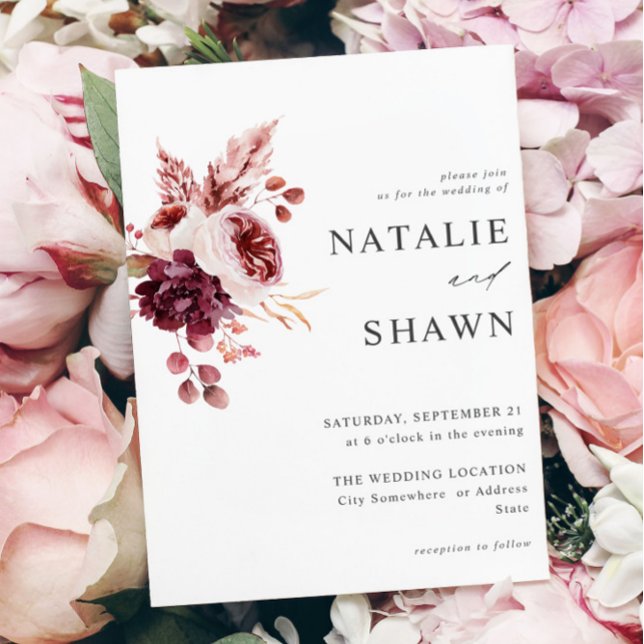 Burgundy & Rosa Blommigt 8A Bröllop Inbjudningar (Skapare uppladdad)