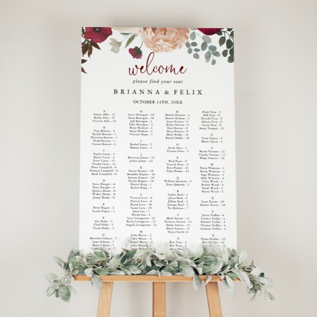 Burgundy Rosa Blommigt Alfabetiskt sittningsschema Poster (Skapare uppladdad)