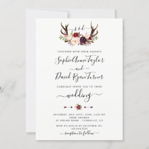 Burgundy Rosa Blommigt Antlers Calligraphy Bröllop Inbjudningar