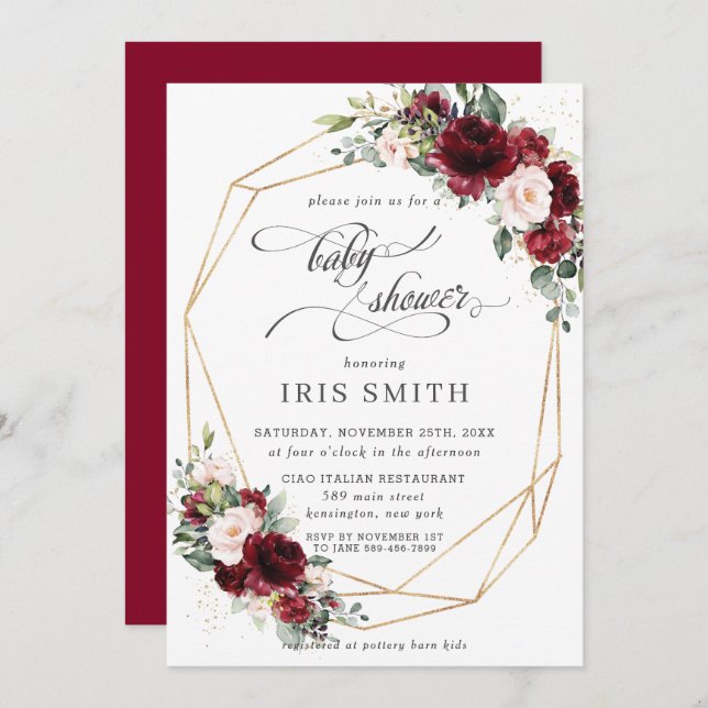 Burgundy Rosa  Blommigt Baby Shower Geometric Inbjudningar (Fram/baksida)