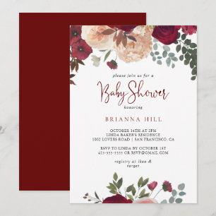 Burgundy Rosa Blommigt Baby Shower Inbjudningar