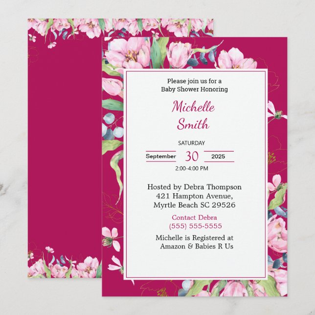 Burgundy Rosa Blommigt Baby Shower-inbjudningar Inbjudningar (Fram/baksida)
