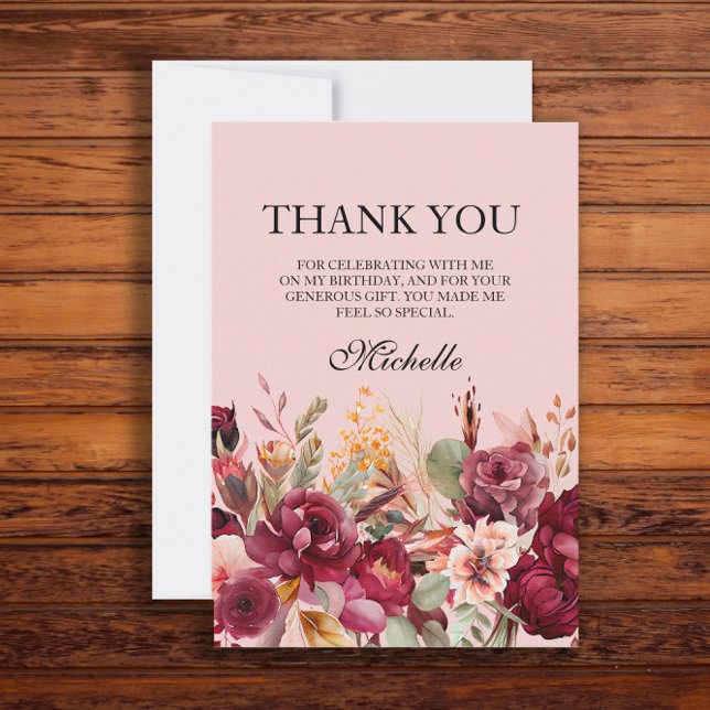 Burgundy Rosa Blommigt Birthday Tack Kort (Pink and burgundy floral birthday party "Thank you" card)