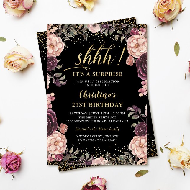 Burgundy Rosa Blommigt Black Surprise Födelsedagsf Inbjudningar (Skapare uppladdad)