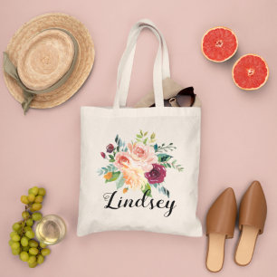 Burgundy Rosa Blommigt Bouquet Bridesmaid Namn Tygkasse