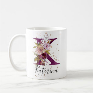 Burgundy Rosa Blommigt Brev K Monogram Kaffemugg