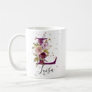 Burgundy Rosa Blommigt Brev L Monogram Kaffemugg