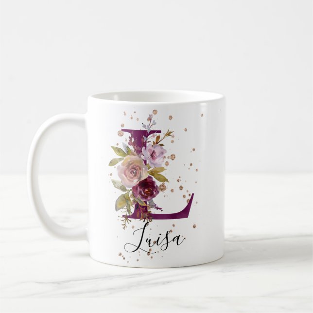 Burgundy Rosa  Blommigt Brev L Monogram Kaffemugg (Vänster)