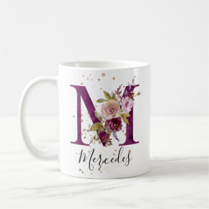 Burgundy Rosa Blommigt Brev M Monogram Kaffemugg