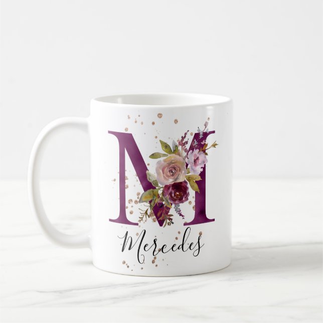 Burgundy Rosa  Blommigt Brev M Monogram Kaffemugg (Vänster)