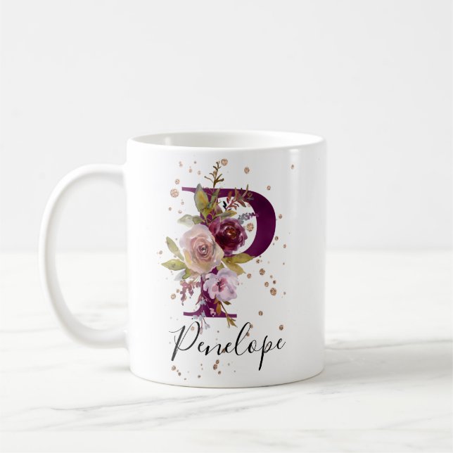 Burgundy Rosa  Blommigt Brev P Monogram Kaffemugg (Vänster)