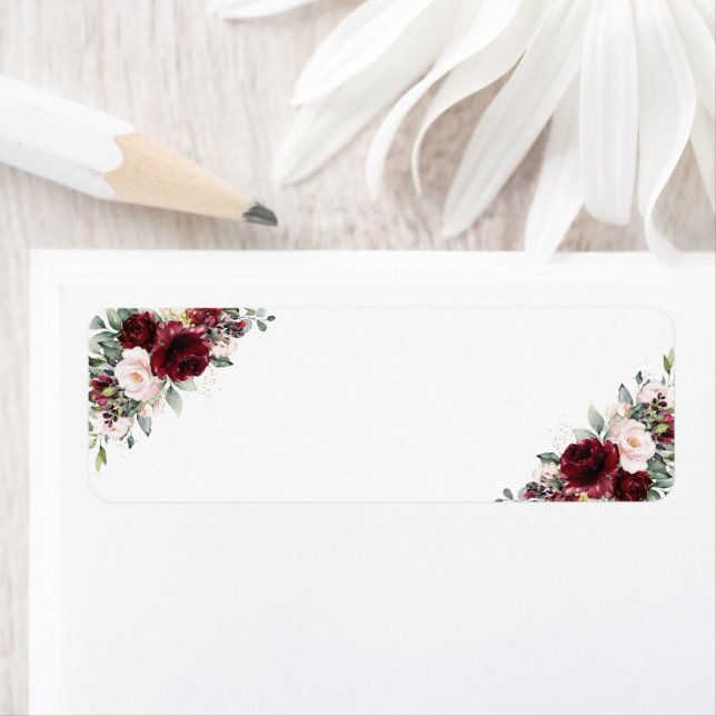 Burgundy  Rosa Blommigt Bröllop Blank Adress Returadress Etikett (Insitu)