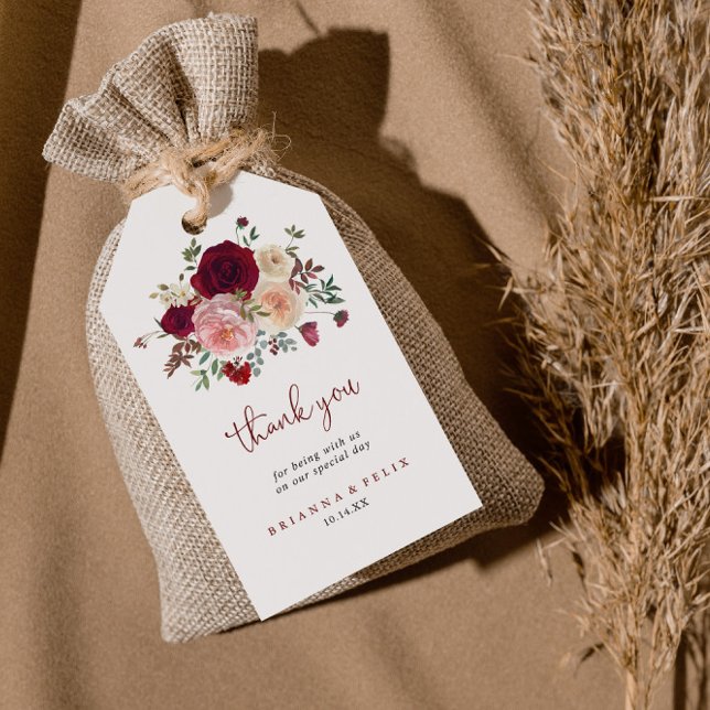 Burgundy Rosa  Blommigt Bröllop Tack Presentetikett (Skapare uppladdad)