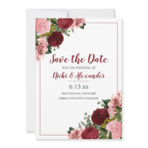 Burgundy  Rosa Blommigt Bröllop White Spara Date