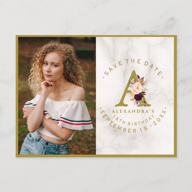 Burgundy Rosa Blommigt Fotofödelsedag Spara datum Vykort (Framsida)