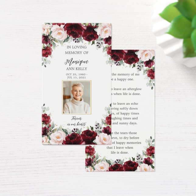 Burgundy Rosa Blommigt Funeral Memorial Bookmark Visitkort (Skivbord)