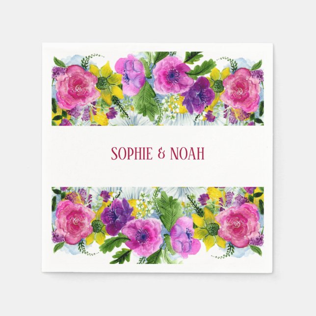 Burgundy Rosa Blommigt Garland Ombokat Bröllop Pappersservett (Framsidan)